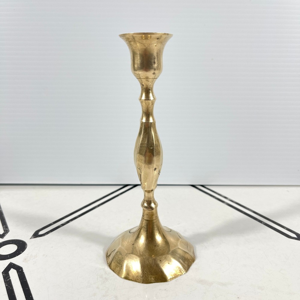 Vintage Solid Brass Candlestick Holder Handmade in India Scalloped Base 6.5 Inch